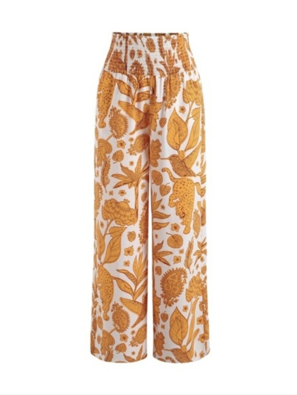 Palazzo Smocked Waist Jungle Print Wide-Leg Pants - Mustard/White.